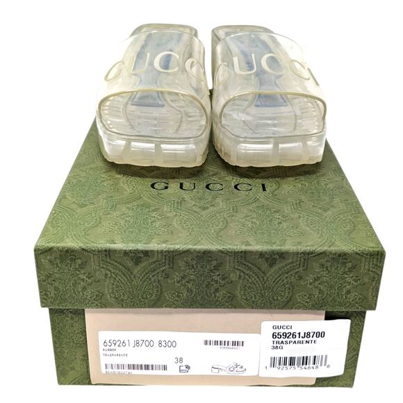 Gucci Clear Jelly Sandals Size 38 Block Heel Square Toe Logo Strap - Picture 3 of 10